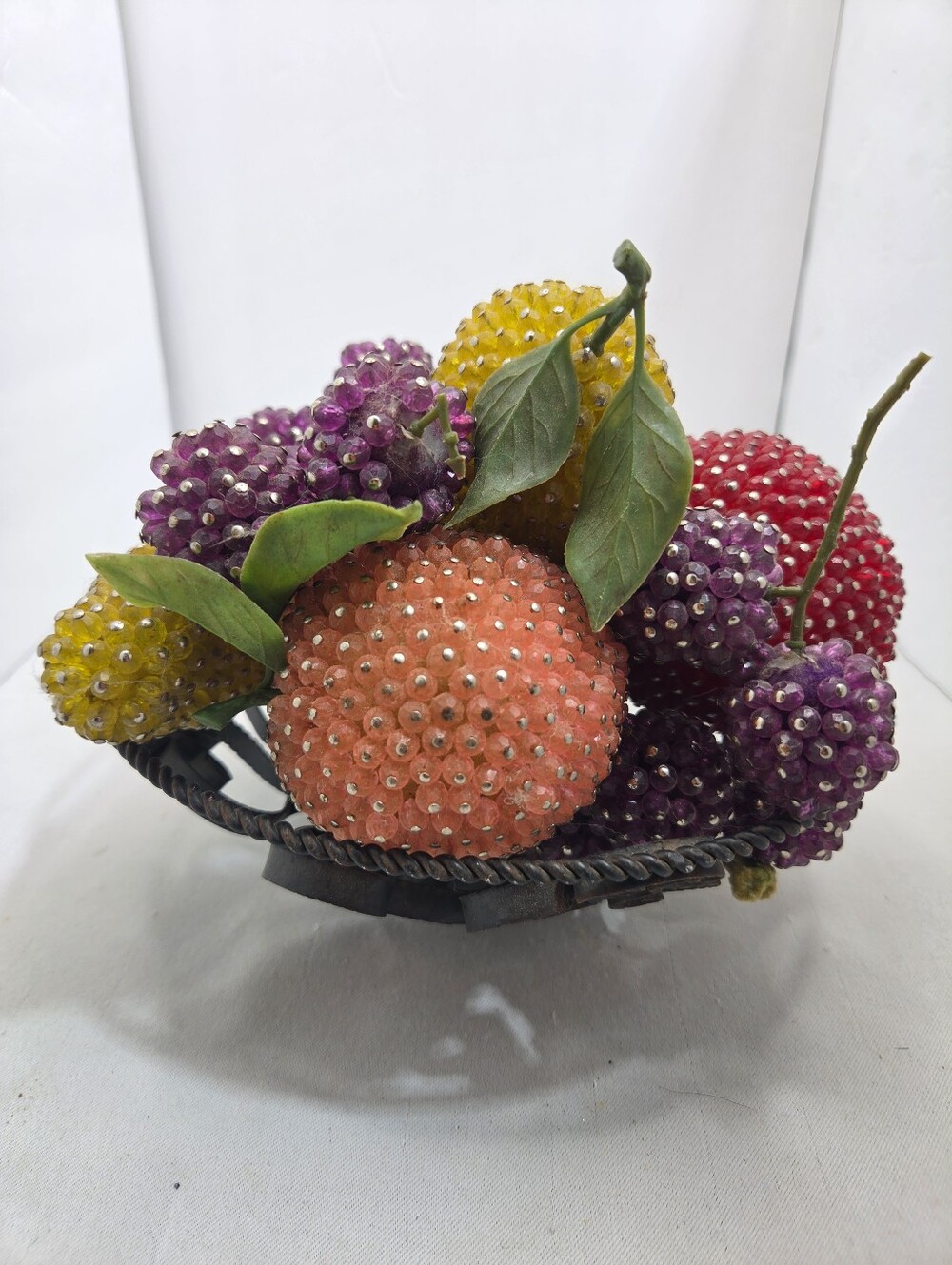 Vintage French Beaded Wire Fruit Basket Arrangement Centerpiece Wrought Iron 🍇